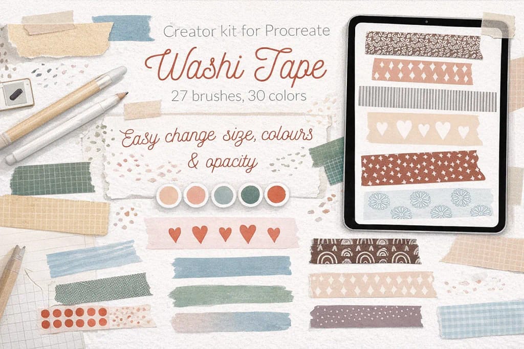 21 Best Procreate Watercolor Brushes: Free & Realistic Sets (2026) 22 Procreate washi tape creator kit