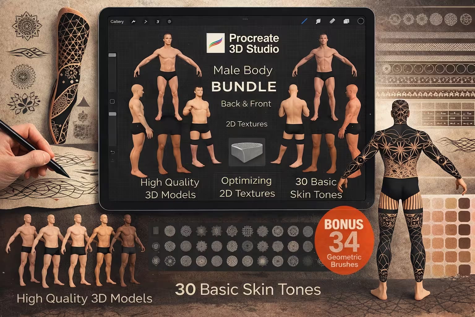 15 Best 3D Models for Procreate (Tattoo & Character Design) 2 Procreate 3D Model Male Body Bundle