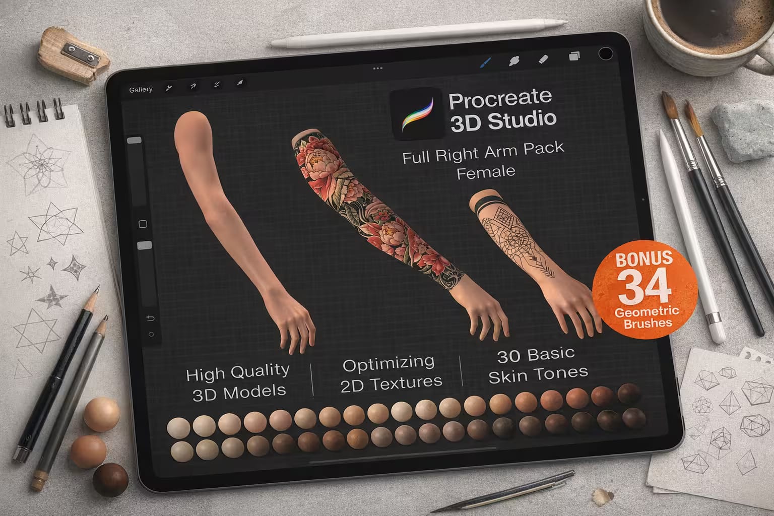 15 Best 3D Models for Procreate (Tattoo & Character Design) 5 Procreate 3D Model Right Arm Female